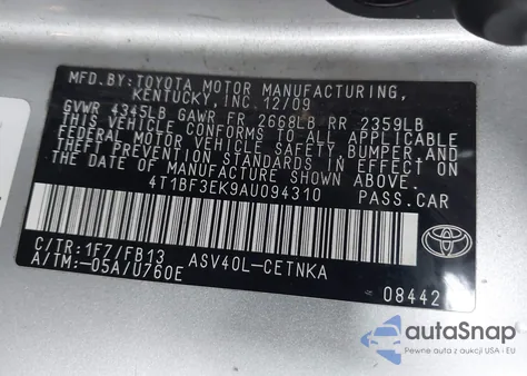 2010 Toyota Camry Le z USA, uszkodzony, nr VIN 4T1BF3EK9AU094310